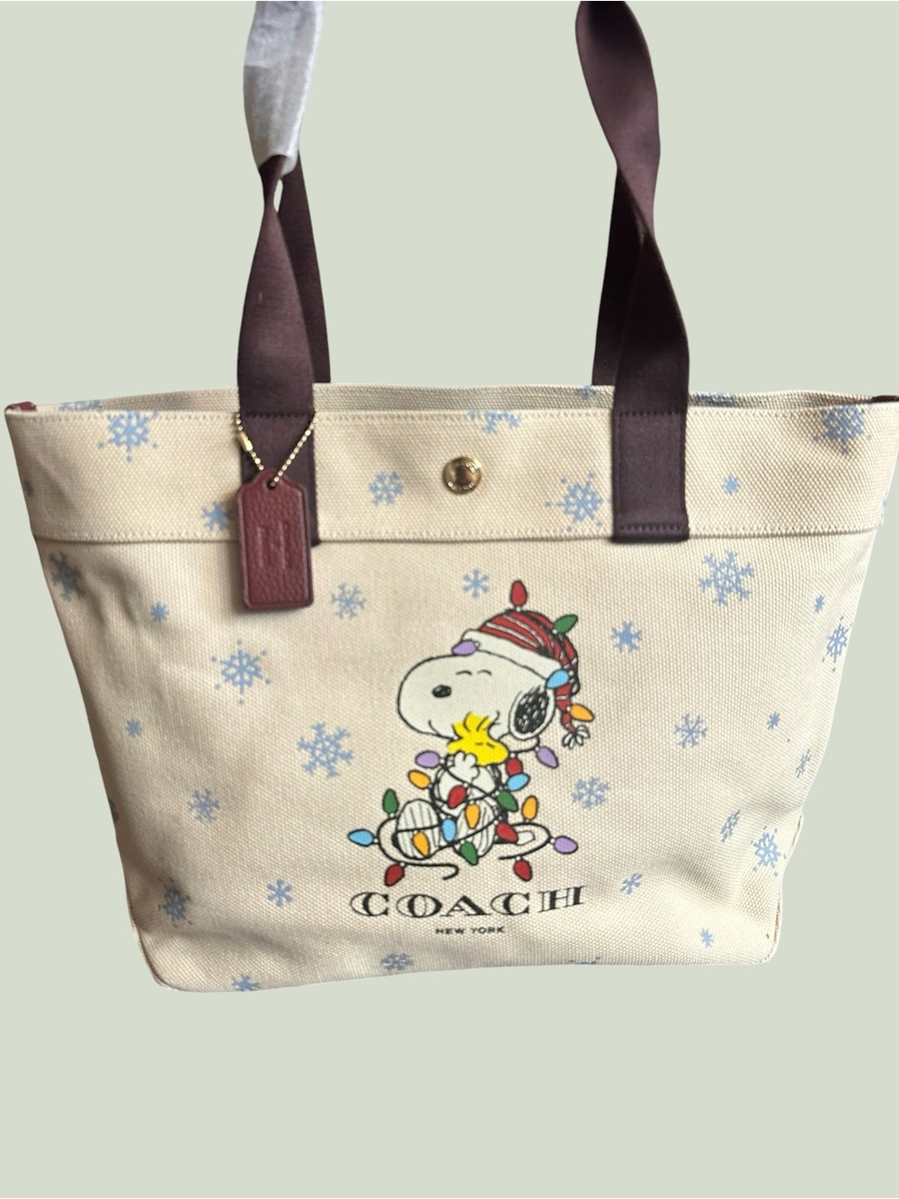 Coach Cream Canvas Snoopy & Woodstock Holiday Tote with Brown Handles